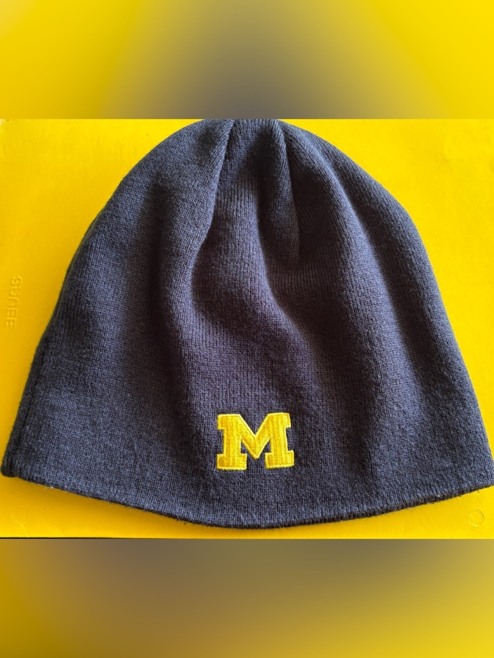 2 sided- Navy Knit Beanie with Yellow 'M' & Grey on reverse